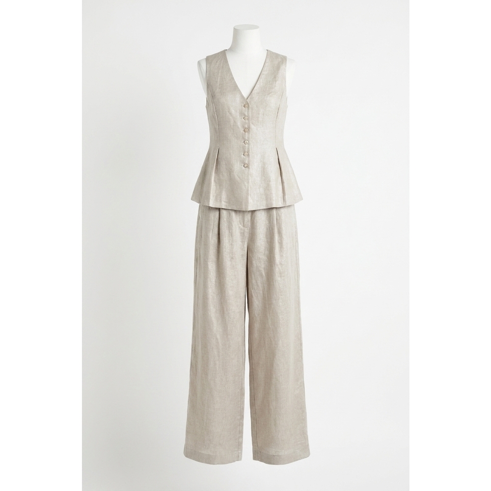 NEW JOSEPH RIBKOFF foiled linen peplum vest in champagne